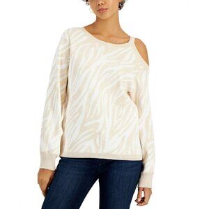 Willow Drive Womens Size Large Printed One-Cold-Shoulder Sweater Oatmeal Zebra